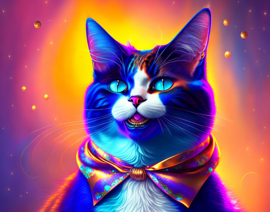 Colorful Smiling Cat Artwork with Sparkling Neckerchief