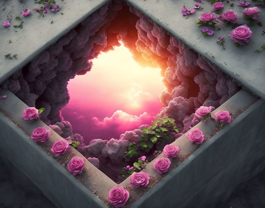 Abstract triangular concrete opening with pink and purple sky and roses.