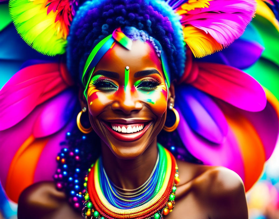 Colorful Woman in Vibrant Feather Headdress and Makeup Smiling Joyously