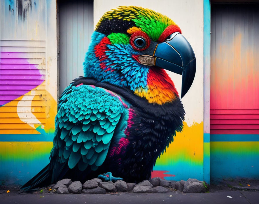 Colorful Parrot Street Art Against Bright Striped Walls