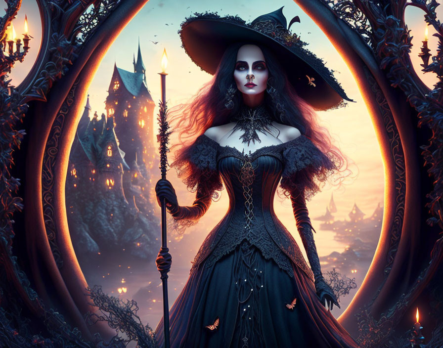 Gothic witch with staff in black dress and hat in castle setting