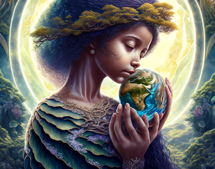 Fantasy art: Woman with tree crown cradling Earth amid lush greenery