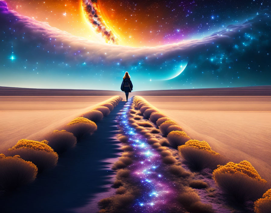 Person walking on desert path under surreal starry sky with galaxy, glowing plants, and crescent moon