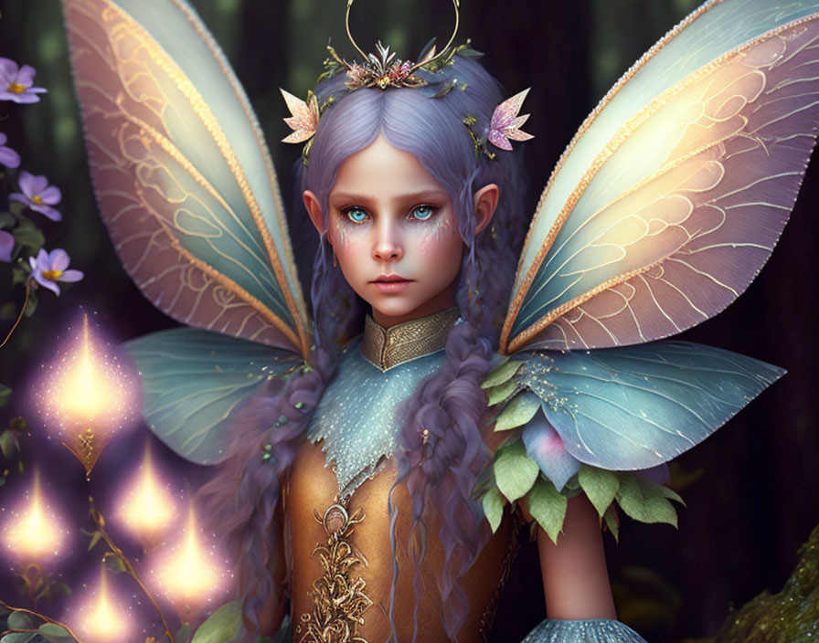 Young fairy with luminous wings in gentle forest light wearing floral crown