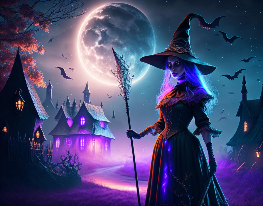 Mystical witch in elaborate attire under full moon in magical village