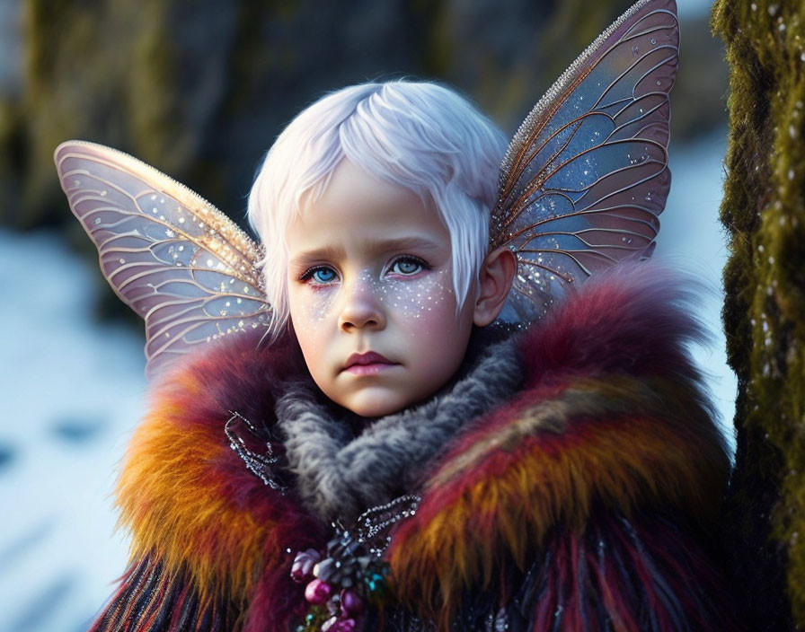 Child with Blue Eyes and Fairy Wings in Ethereal Look