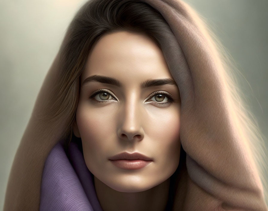 Digital portrait: Woman with brown hair and green eyes in purple and beige fabric