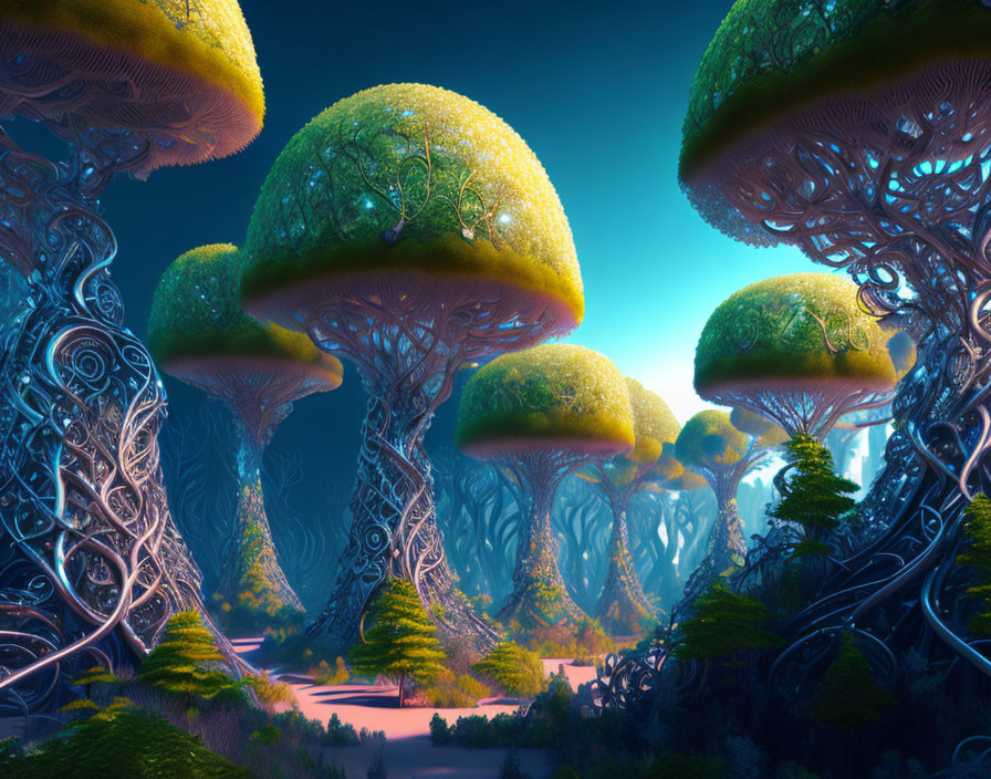 Enchanted forest with oversized mushroom-like trees