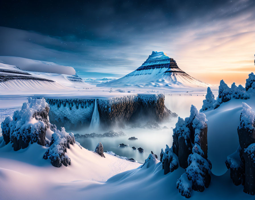 Snow-covered landscape with waterfall, mountain, and starlit sky at twilight