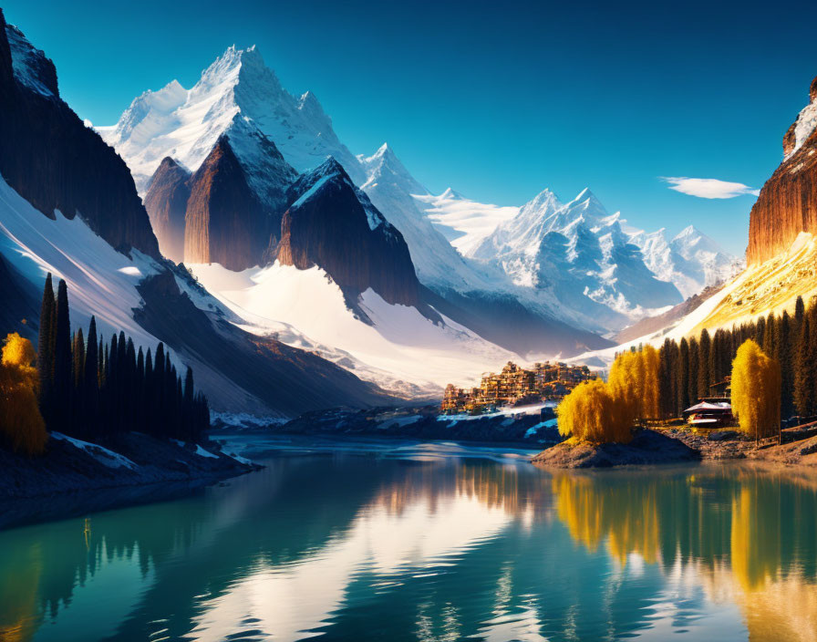 Tranquil mountain scene with turquoise lake, village, golden trees, and snow-capped peaks