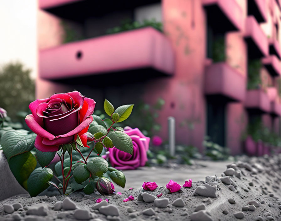 Vibrant red rose with green leaves against blurred pink building and roses