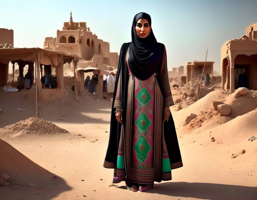 Woman in traditional attire at desert village with sand-colored buildings.