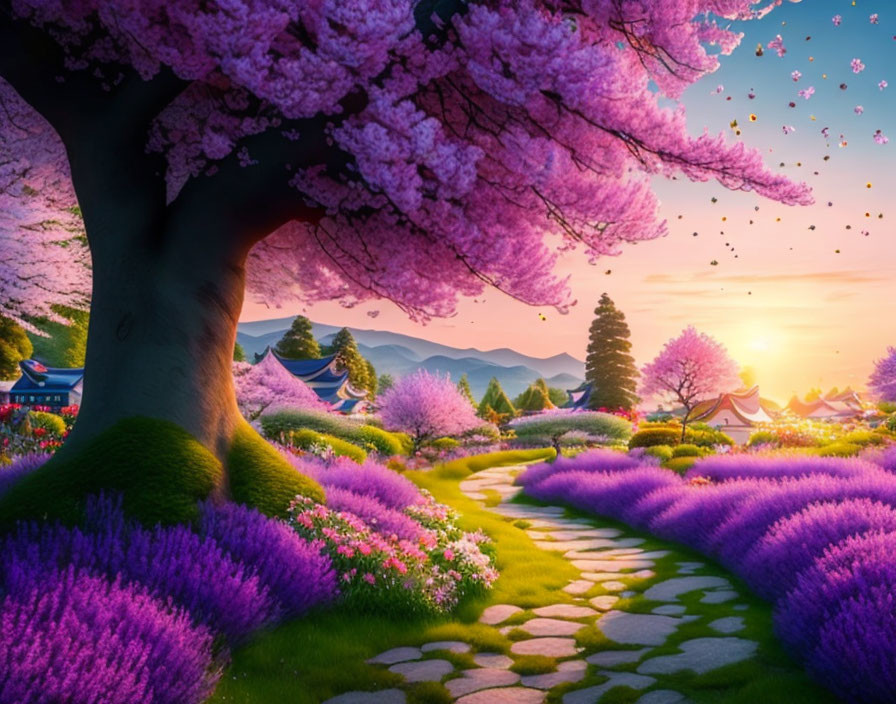 Fantasy landscape with cherry blossom tree, stone path, purple flowers, and mountains.