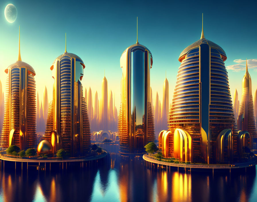 Futuristic cityscape with high-rise towers and golden sunset.