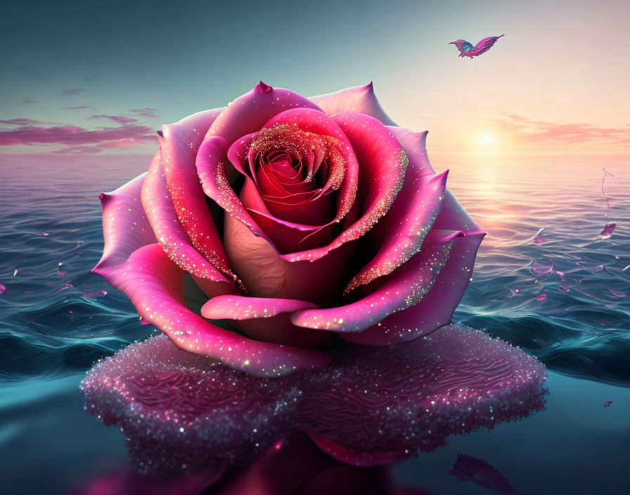 Pink rose with dew on water at sunset with flying bird