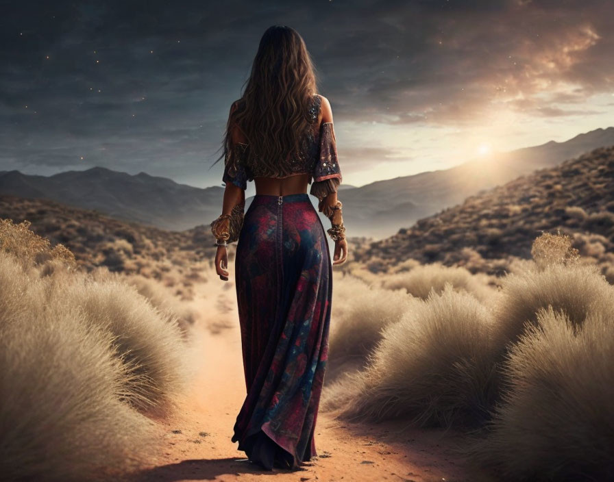 Woman in patterned maxi skirt walks desert at sunset