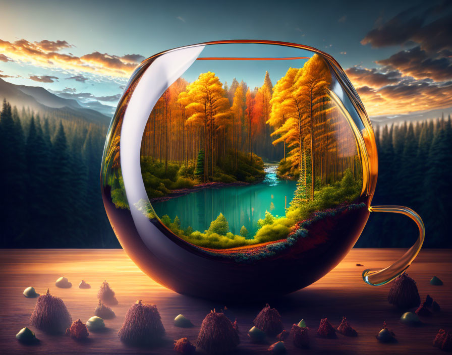 Transparent bulbous cup with vibrant forest scene on wooden surface