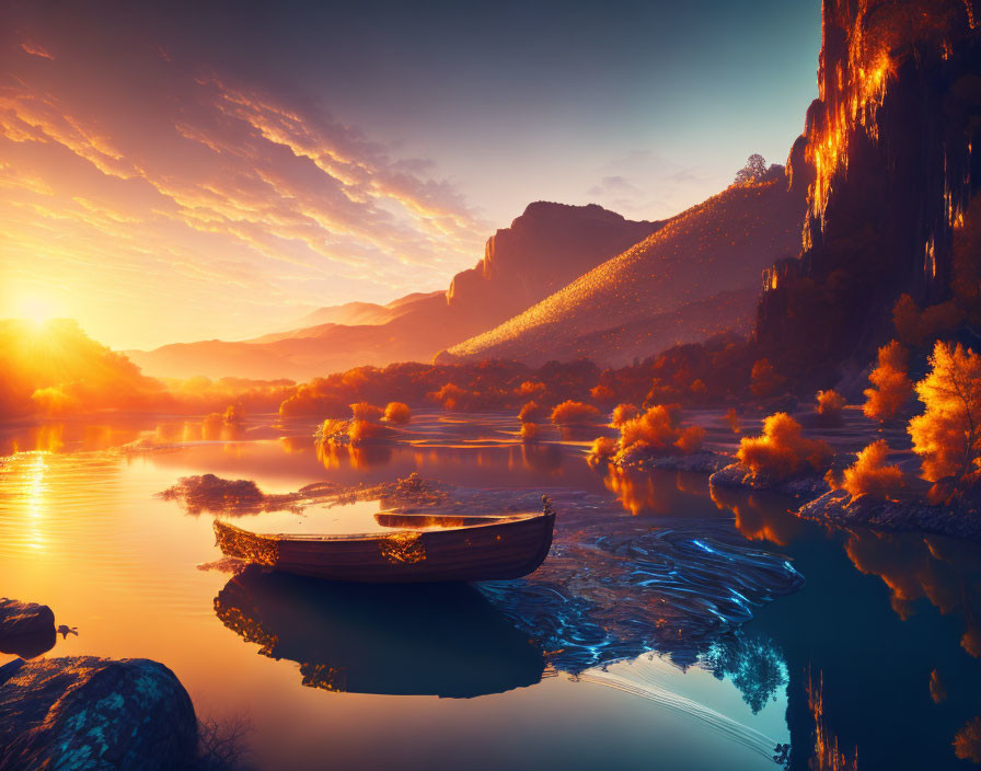 Tranquil sunset scene of a lake with boat, autumn trees reflected