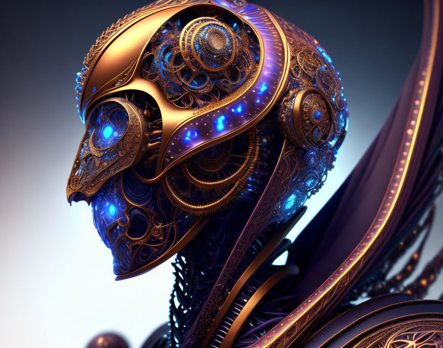 Detailed Metallic Robot Head with Glowing Blue Elements