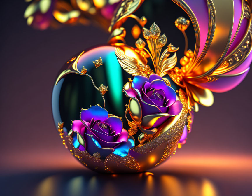 Ornate golden structure with blue and purple roses on gradient background