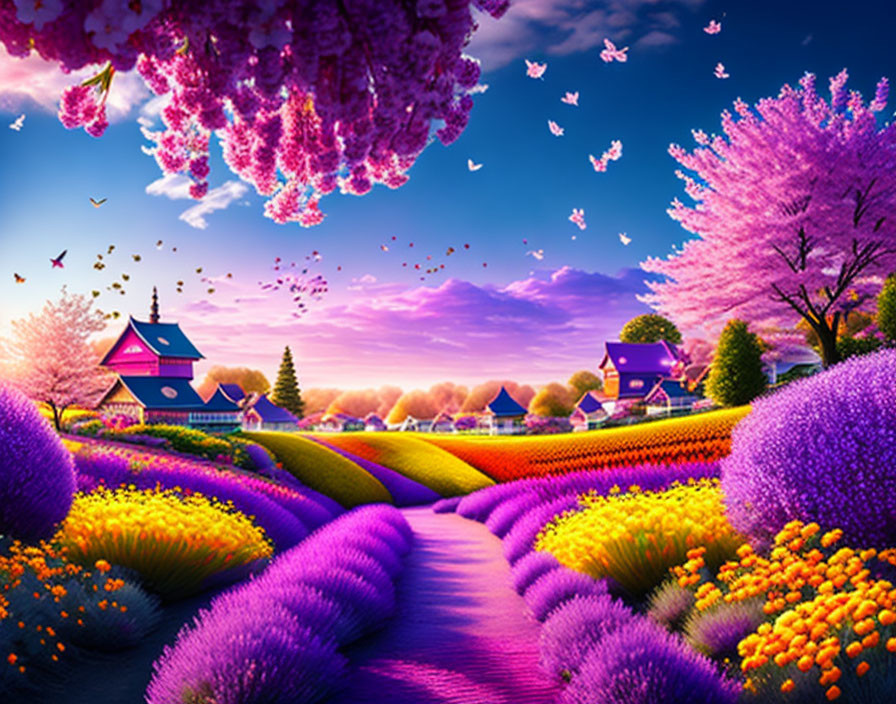 Colorful fantasy landscape with blooming trees, flowers, butterflies, and quaint houses under a sunset sky