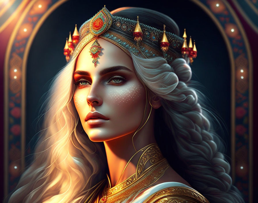 Blonde woman with braided hair and blue eyes in golden headpiece on dark background