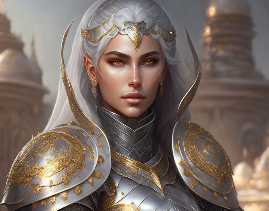 White-haired female figure in ornate gold-trimmed armor and circlet, with stern expression.