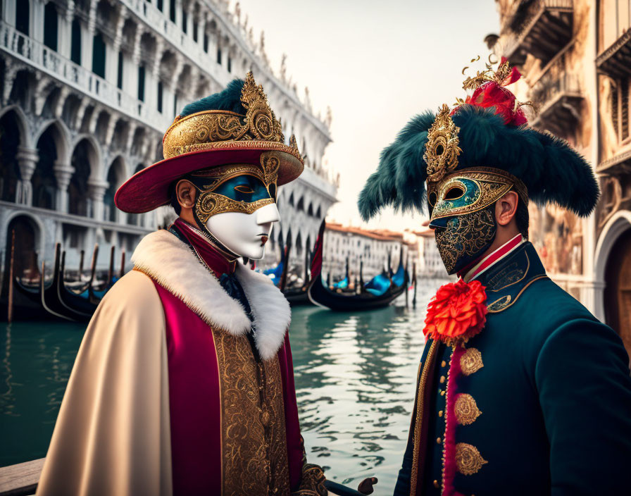 Ornate masked individuals at Venice Carnival with gondolas & historic buildings