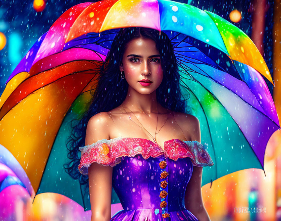 Woman with Dark Hair Holding Rainbow Umbrella in Purple Dress