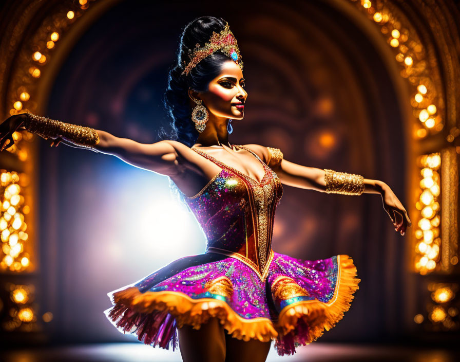 Colorful Bedazzled Costume Dancer Performing with Extended Arms