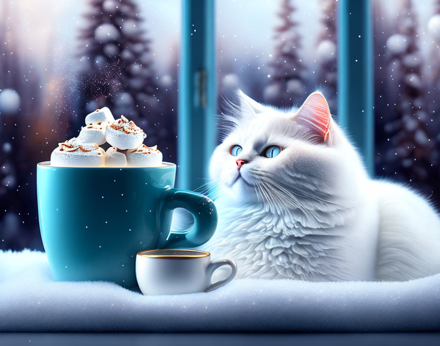 White Cat with Blue Mug and Espresso Cup on Snowy Windowsill