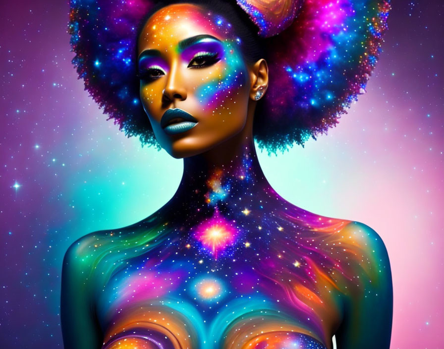 Cosmic-themed body paint woman with starry afro against starry backdrop