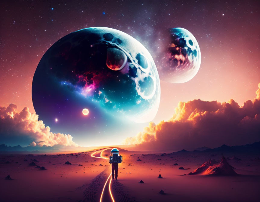 Person on sandy desert path under surreal planets in colorful sky