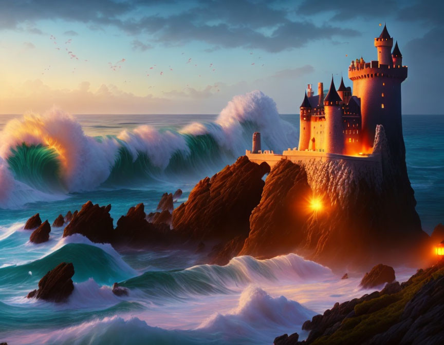 Cliffside castle with crashing waves and vibrant sunset.