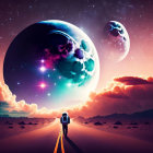 Person on sandy desert path under surreal planets in colorful sky