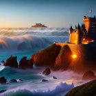 Cliffside castle with crashing waves and vibrant sunset.