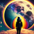 Backpack-wearing figure in surreal cosmic landscape