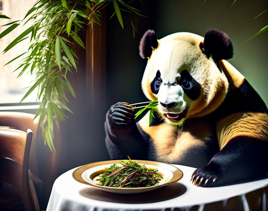 Panda eating bamboo at table with greens and bamboo plant under natural light