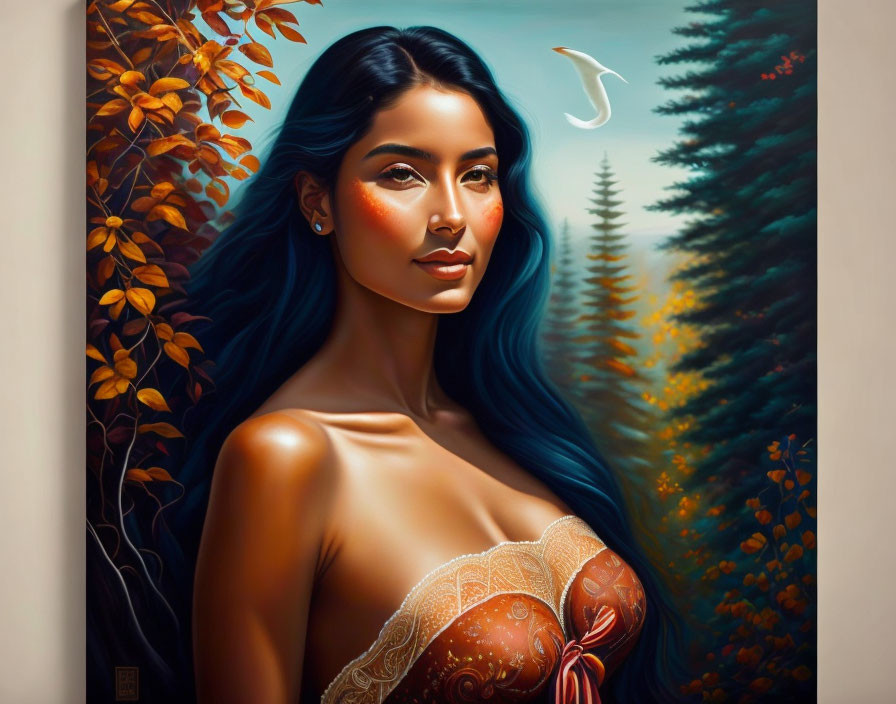 Stylized portrait of woman with dark hair in autumnal forest