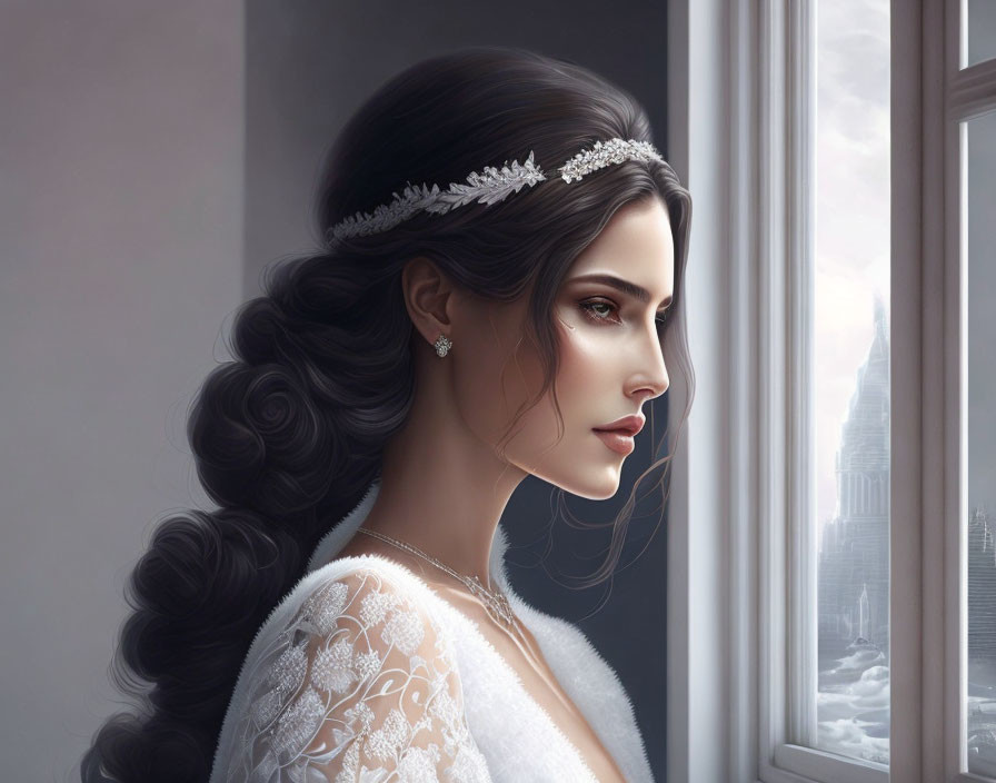 Woman in Tiara and White Dress Looking out Window with City Skyline Background