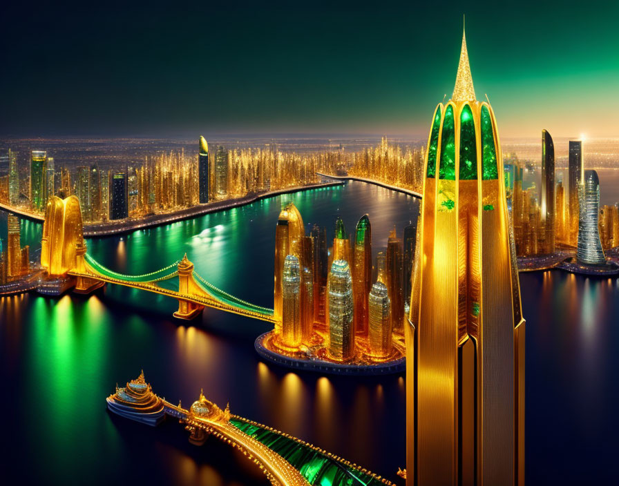 Illuminated futuristic cityscape with golden hues and bridges over a calm river