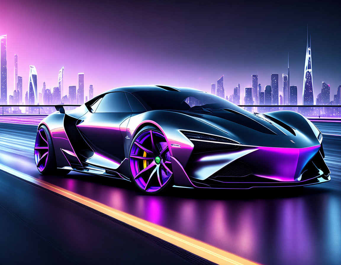 Black sports car with purple neon accents in futuristic city at dusk