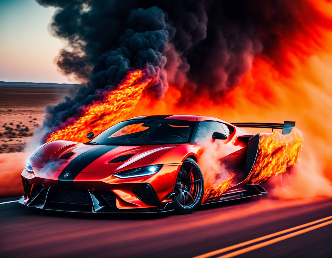 Red sports car with dynamic flames speeding on road with dramatic black smoke.