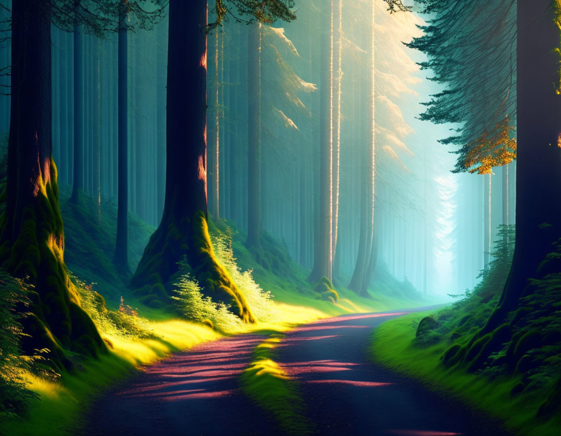 Tranquil Forest Path with Sunlight Filtering Through Trees