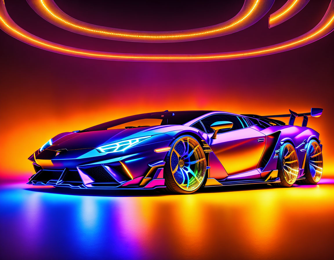 Luxury sports car with holographic paint under neon lights