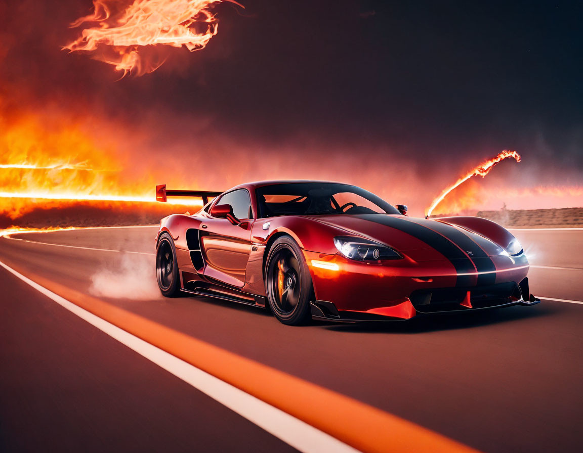 Black Sports Car with Red Stripes Speeding on Track at Night