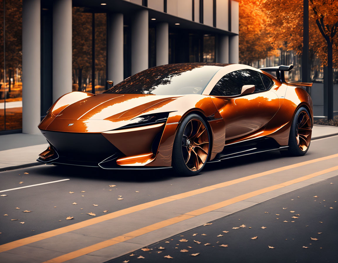 Sleek orange sports car on city street with autumn leaves and modern buildings