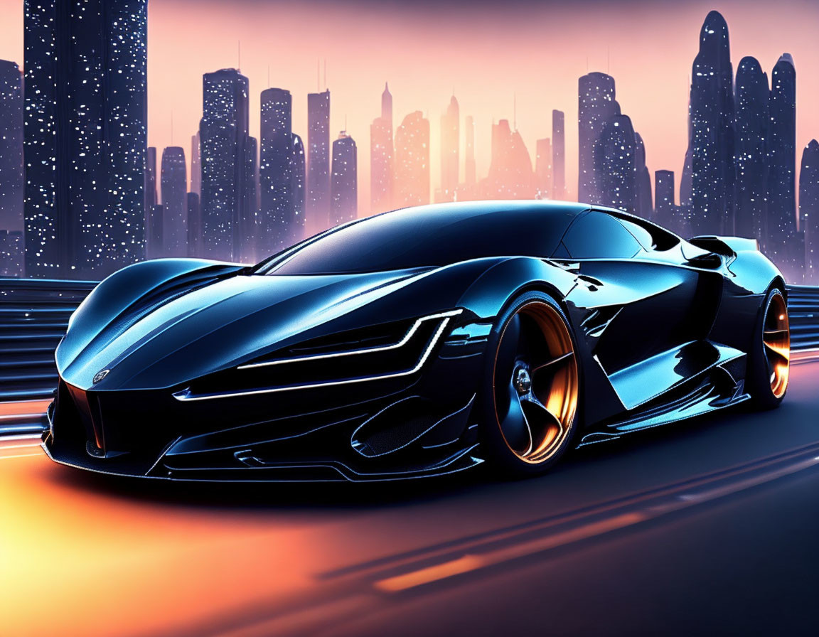 Black Sports Car Against Futuristic City Skyline in Pink and Orange Sky