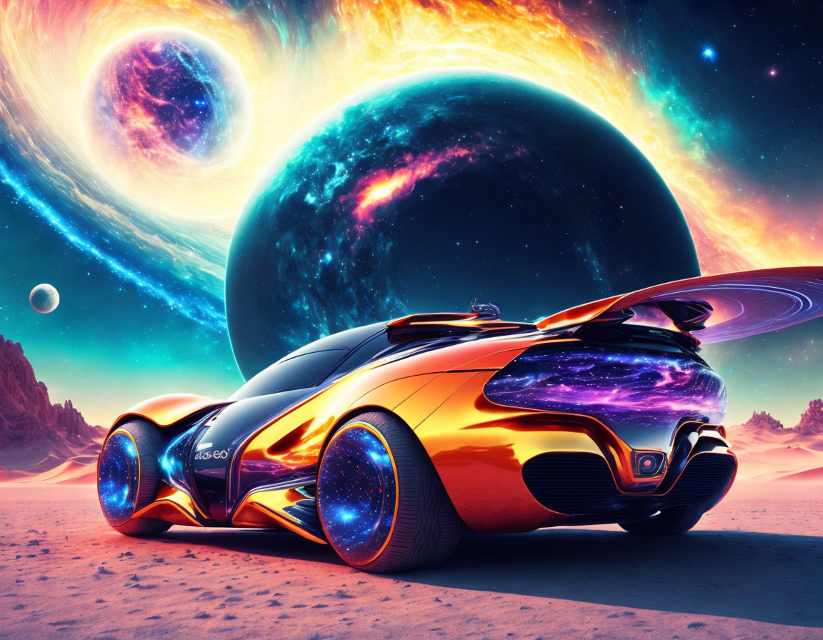 Futuristic orange car with glowing wheels on alien planet with vibrant nebulae