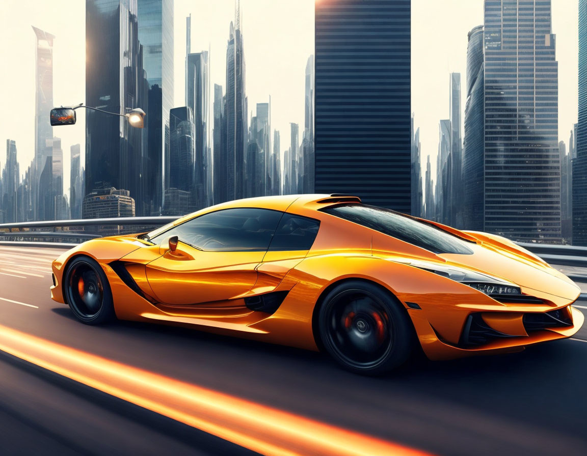 Bright orange sports car racing in urban setting with futuristic skyscrapers and clear sky